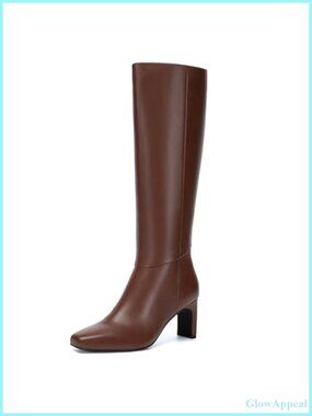 Women's Knee High Boots Square Toe Chunky Heeled Tall Boots Side Zipper
